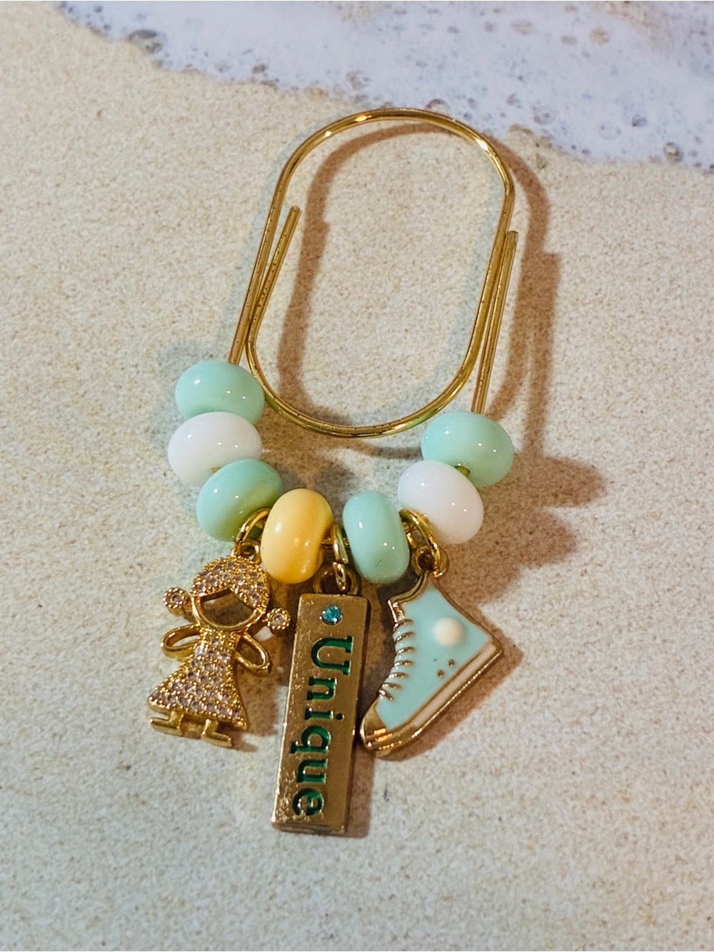 Unique Gold-Tone Bookmark Charm Keyring with Mint, White & Yellow Beads